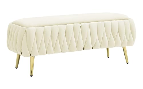 Panca Imbottita Divanetto In Velluto Contenitore Pouf Grande XXL PortaOggetti Intrecciato Panca Sgabello A Pie Di Letto Con Gambe In Metallo Dorato Cassapanca Legno Massello Panchina - (Crema2)