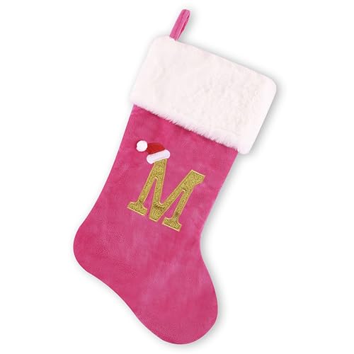 20 inch Personalized Pink Faux Velvet Stocking with Embroidered Gold Letter–Luxurious Christmas Decoration and Gift Plush Finish Pink M