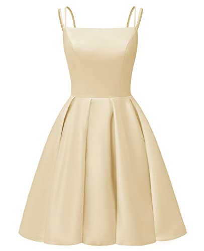Image of Tianzhihe Satin Homecoming Dresses for Teens 2026 Spaghetti Straps A-line Square Neck Short Cocktail Party Dress with Pockets