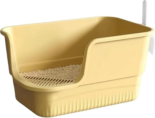 YAKINO 大型猫用トイレ 開放式 65×43×36cm 大型猫・多頭飼い対応 猫砂飛び散り防止 スコップ付き 半密閉式 猫用トイレ 大容量 猫砂盆 ネコトイレ 防臭 防汚 清潔簡単 (砂落としマットなし,イエロー)