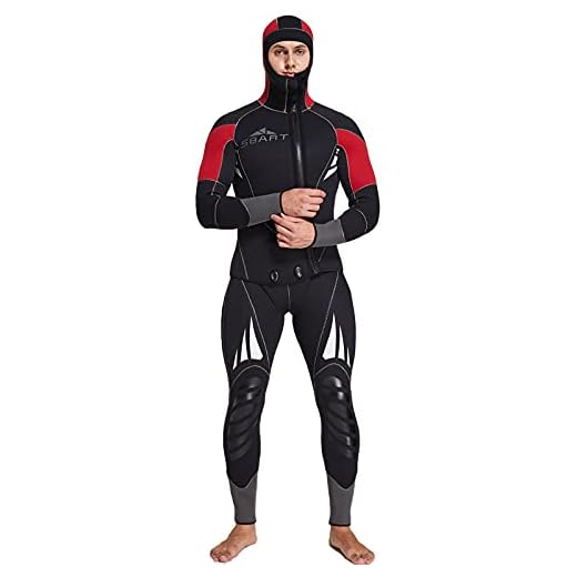 ZHDBD Neoprenanzüge Herren 5 mm Premium-Neopren mit Frontreißverschluss, Zweiteiliger Schnorchelanzug mit Kapuze zum Tauchen, Schnorcheln, Surfen, Kanufahren, Rot, 2XL