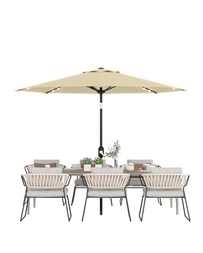 10 Ft Patio Umbrella with Solar Lights, 8 Ribs Outdoor Market Table Umbrella with 40 LED Lights & Tilt Crank for Pool, Deck, Backyard, Beige