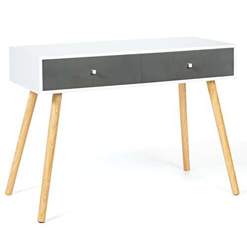 IDMarket - Bureau d'appoint Console 2 tiroirs Emmie scandinave Bois Blanc et tiroirs Gris