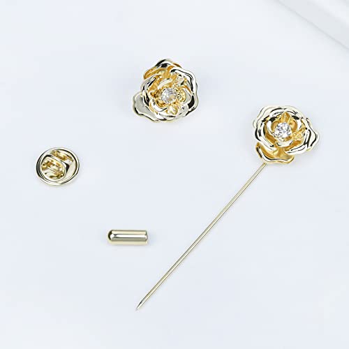 Image of Crystal Alloy Rose Flower Lapel Pins Button Pin Groom Boutonniere for Wedding Floral Brooch Pin Set for Women Men