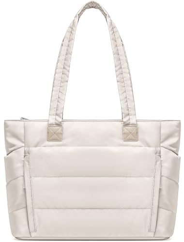 Nylon Puffer Tote Bag for Women, Quilted Handbag with Water Bottle Pocket, Large Shoulder Bag for Work, Travel, Gym, Laptop