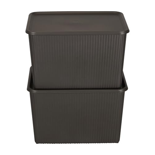 Image of Kolorr Ribbed Baskets Large Pack of 2 With 2 Standard Lid (Non-Airtight Loose-Fit Cover) Multipurpose Plastic Storage Baskets For Cloths Toys Wardrobe Home Kitchen & Livingroom I Dark Brown