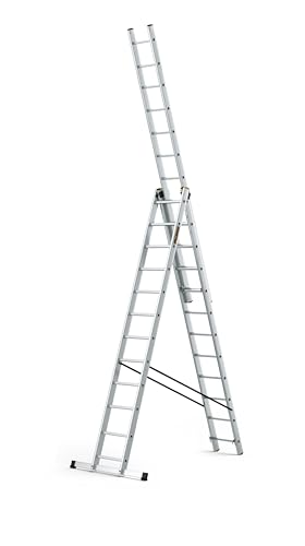 DRABEST Leiter PRO Serie Aluleiter 3-teilig Mehrzweckleiter 3x12 Stufen Leiter Multifunktionsleiter Kombileiter bis 150 kg Beslastbar - Arbeitshöhe 8,09 m - inkl. Eimerhaken