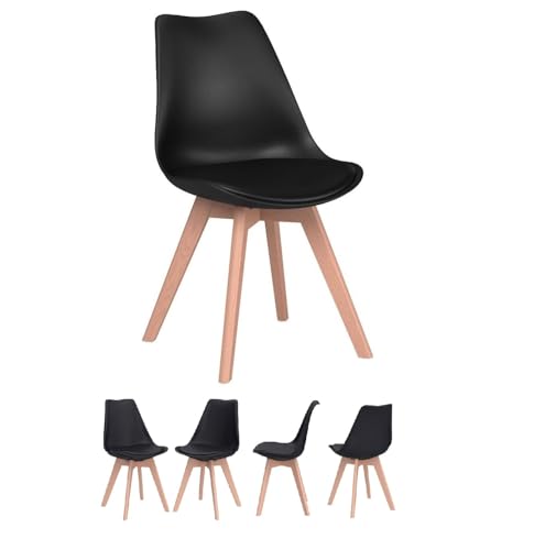 sinlikon Lot de Chaise Scandinave avec Coussin en Mousse Epaisse et Dossier Respirant,Chaises de Salle à Manger avec Pieds en Bois (4, Noir, 80x47x42CM)