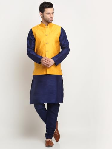 Image of KRAFT INDIA Polka Dot Silk Nehru Jacket Only in Yellow Color S, Ethnic Traditional Wear