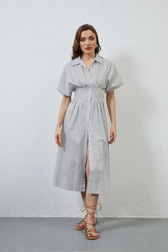 Image of MISSACTIVER Button Front Pleated Shirt Dress for Women Summer Striped Short Sleeve Lapel V Neck Corset Maxi Dress
