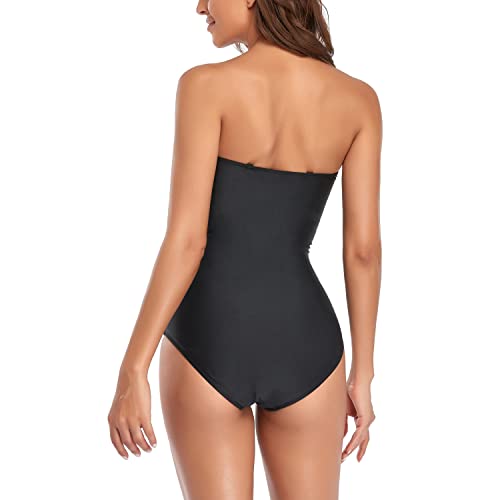 Image of Smismivo Tummy Control Swimwear Strapless One Piece Swimsuit Ruched Bathing Suits for Women Slimming Bandeau Tube Top Bikini