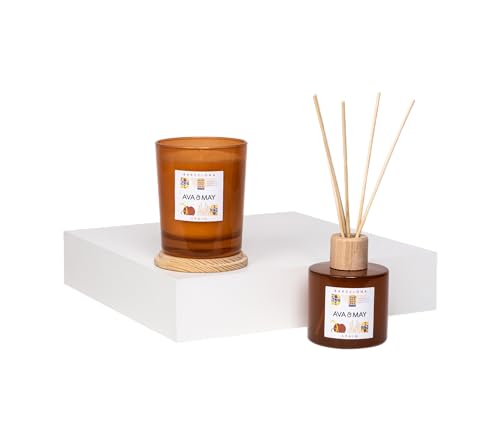 AVA & MAY Barcelona Home Fragrance Set – veganes Set mit Duftstäbchen und Duftkerze – 1 x Diffuser und 1 x Kerze mit hochwertigem Duftöl aus Himbeere, Jasmin und Kandis