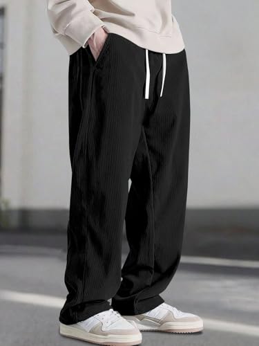 Image of Pinkmint Men's Stretchable Ribbed Track Pants | Poly Lycra Relaxed Fit Trousers | Elastic Waist Drawstring Joggers | Casual, Gym, Lounge Wear for Men