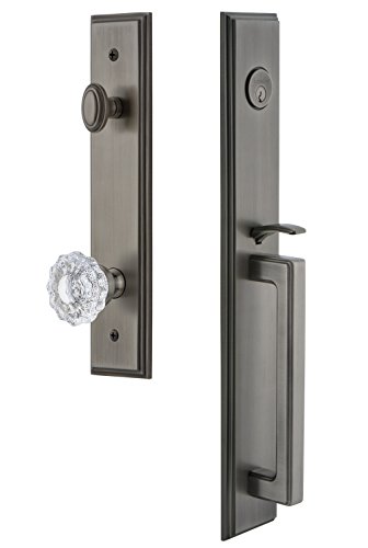 Flash Sale Grandeur 845450 Hardware Carre' One-Piece Handleset with D Grip and Versailles Knob in Antique Pewter, Backset Size-2.75", Single Cylinder Lock