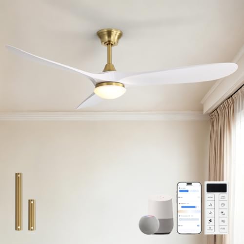 Image of Sofucor 60 Inch Smart Ceiling Fan with Lights, 3 ABS Blades, Golden+White | Alexa /APP /Remote Control, Modern, Quiet DC Motor, 3CCT Dimmable, 6 Speeds, Indoor /Outdoor /Bedroom /Living Room /Patio /Kitchen