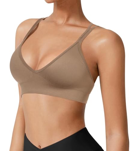 Image of VEQKING Seamless V-Neck Cross Back Women Sports Bra for Small Chest, 3 Pack | Made for A-C Cups, Spaghetti Straps, Removable Padded, Comfort Wireless for Low Impact Workout: Yoga, Lounging & Daily Wear