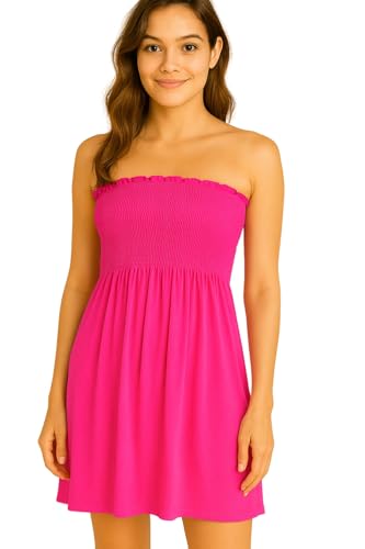 STAR FASHION Women’s Strapless Sheering Ruched Bandeau Dress Plain Boob Tube Sleeveless Midi Dress Summer Holiday Beach Flared Dress Soft Stretch Fuchsia 20-22