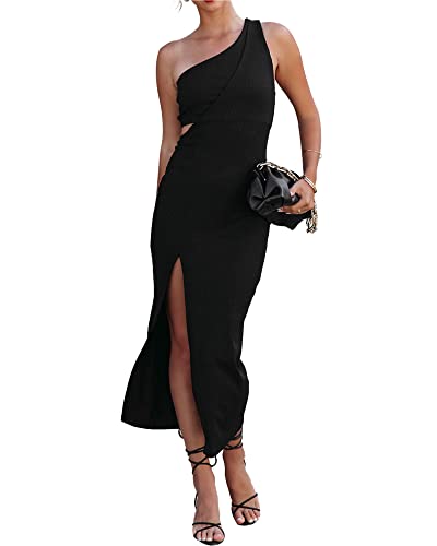 Btfbm Casual Women One Shoulder Summer Dress 2023 Elegant Sleeveless Bodycon Split Midi Dress Solid Party Cocktail Dress(Solid Black,Small) #TOP2