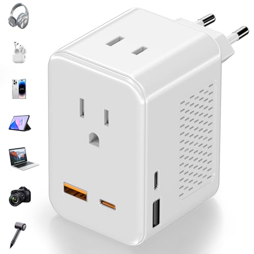 220V to 110V Voltage Converter US to Europe Travel, Adapter Plug Converter for European Travel with 20W PD & 2 USB-A & 2 USB-C Port, European Power Converter Combo USA to Spain Italy France (White)​