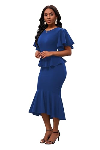 Image of Womens Summer Ruffle Short Sleeve Fishtail Dress Evening Cocktail Formal Peplum Midi Mermaid Dresses Elegant