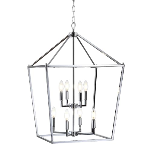 Image of JONATHAN Y Pagoda 8-Light Pendant 20 inch Cage, Chrome | Traditional Metal Farmhouse Hanging Lantern Ceiling Fixture, Adjustable Chain Link, For Kitchen Island, LED Bulb Included