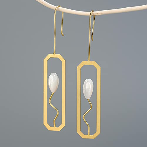 LOKILOKI Pendientes Colgantes De Flor De Lirio De Concha Natural Plata De Ley 925 Auténtica Rectángulo De Oro De 18 Quilates Joyería Fina Hecha A Mano para Mujeres