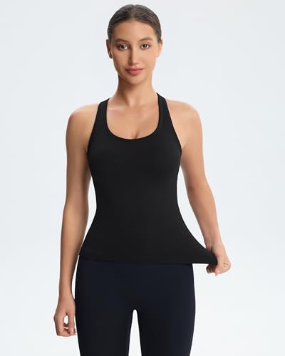 Seamless Racerback Sports Tank Top for Women - Ribbed Padded Workout Camisole with Built-in Bra for Yoga Gym Running Fitness Black — view 2
