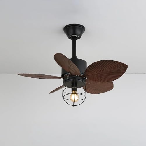 Image of Industrial Cage Ceiling Fan with Warm-White Light|Modern Wooden-Leaf Ceiling Fan with Metal Grill Lamp for Bedroom, Living Room & Cafe|Phoebe