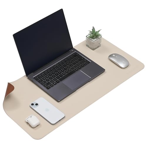 Image of AROPANA Vegan Leather Desk Mat | Large Reversible Mouse Pad & Computer Table Protector | Dual-Side Waterproof Extended Laptop Pad with Edge-Stitched Design (70x35CM, White and Coffee)