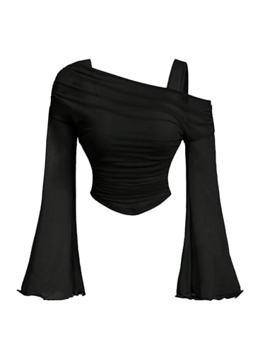 SOLY HUX Girl's Cold Shoulder T Shirt Bell Long Sleeve Mesh Tee Ruched Asymmetric Hem Tops