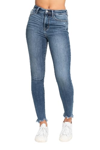 Judy Blue Womens Jeans - High Waisted Skinny with Destroy & Shark Bit Hem (9 Medium Blue)