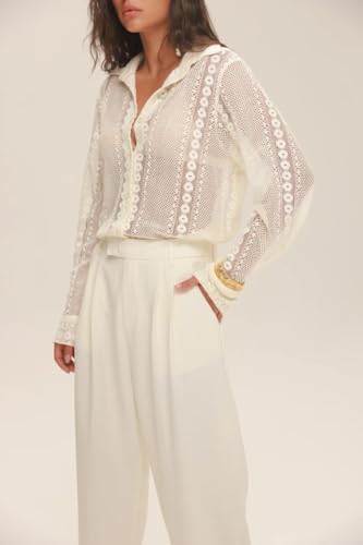 Women Long Sleeve Floral Lace Blouse Button Down Sheer Collared Shirt Embroidered Mesh Going Out Blouse Top