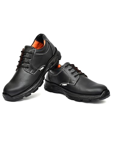Image of TOR Men's Industrial Genuine Leather Safety Shoes - Steel Toe and Lightweight (Black)