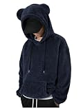 RoseSeek Men's Bear Ear Hoodies Drawstring Long Sleeve Fleece Sweatshirt Fuzzy Pullover Tops Blue L