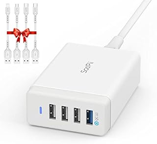 SOOPII 40W USB Charging Station,4 Port USB Charger Station with One Port QC 3.0 for Multiple Devices,4 Mixed Charging Cables Included,Compatible with lPhone,lPad,Samsung Galaxy,Note,LG and More