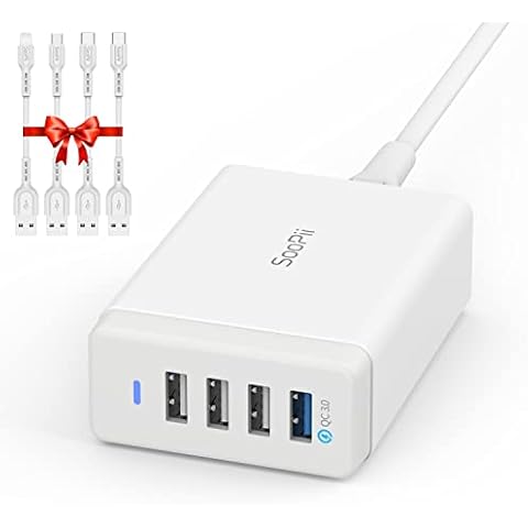 SOOPII 40W USB Charging Station,4 Port USB Charger Station with One Port QC 3.0 for Multiple Devices,4 Mixed Charging Cables Included,Compatible with lPhone,lPad,Samsung Galaxy,Note,LG and More Cover