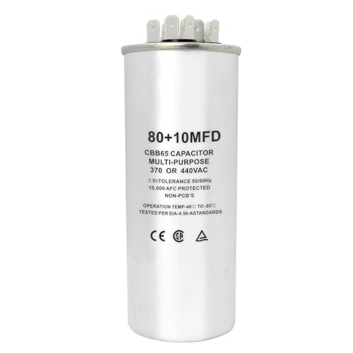 CBB65 Round Dual Run Start Capacitor, 80 + 10 uF/MFD ±5% 370V/440VAC Combination Capacitor for Compressor AC Motor Run Fan Start Condenser Straight Cool/Heat
