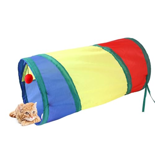 TJT 猫トンネル 長い レインボー トンネル 50cm 可水洗いS形長い２穴付き 折りたたみ式 キャットトンネル 収納便利 猫の遊び場、運動不足解消、ストレス発散 (虹色, I)