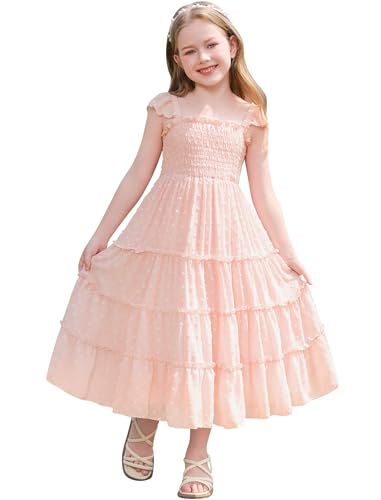 OBEEII Toddler Girls Summer Casual Dress Flutter Sleeve Smocked Swiss Dot Sundress Kids Playwear Chiffon Ruffle Flowy Dress
