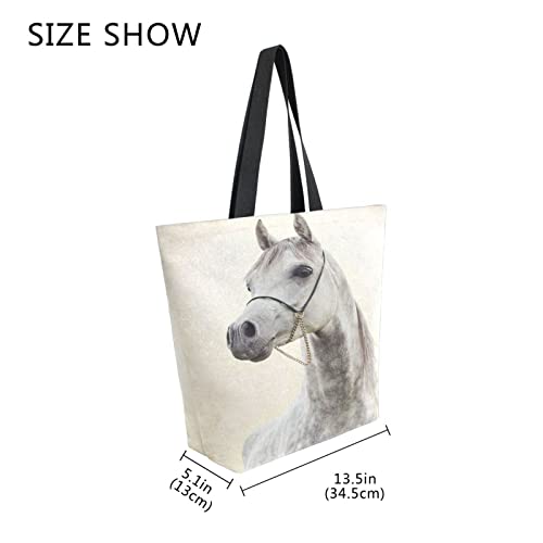 Grand sac fourre-tout toile femme cabas imprimé cheval gris A340