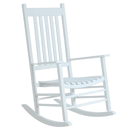 Outsunny Outdoor Rocking Chair, Patio Rocking Chair with Smooth Curves, High Density Wooden Rockers for Lawn Garden Porch, Supports Up to 350lbs, White