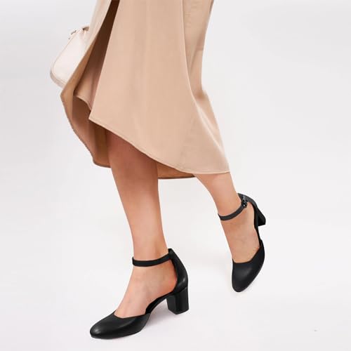 PIZZ ANNU Women's Gilaa Closed Toe Low Chunky Heels Pumps Ankle Strap Wedding Business Round Toe Block Dress Shoes4