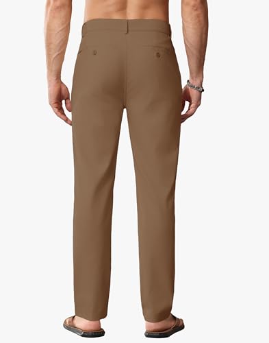JWM Linen Dress Pants for Men Summer Casual Beach Lightweight Comfy Trousers Travel Vacasion Pants with Zipper Pocket 30" Dark Khaki3
