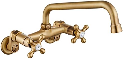 Wall Mount Faucet 6 Inch Center Antique Brass Kitchen Sink Taps 2 Cross Knobs Handle Victorian Commercial with 9inch spout
