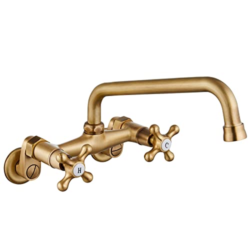 Wall Mount Faucet 6 Inch Center Antique Brass Kitchen Sink Taps 2 Cross Knobs Handle Victorian Commercial With 9Inch Spout #TOP18