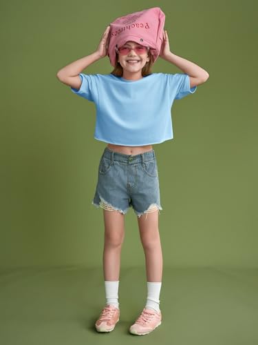 Image of Girls Athletic Oversized Crop Tops Kids Drop Shoulder Short Sleeve T Shirts Workout Tees 5-14 Years