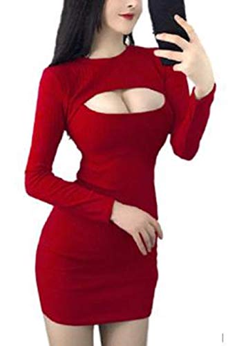 Coco Yuka 胸元 セクシー ミニ ワンピース タイト 胸 あき 開き ニット 長袖 谷間 ボディコン 過激 レッド L の最安値と通販店 購入可 サープラ