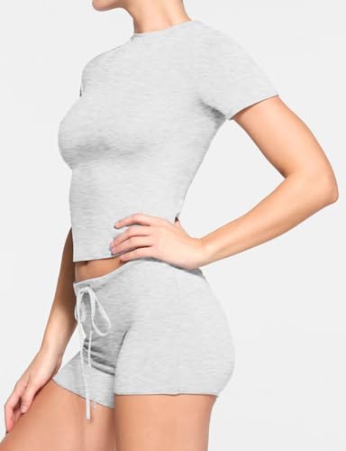 NANKEYSTAR Women's Shorts Pajama Sets Short Sleeve Crop Tops And Shorts Lounge Sets Sleeping Garments(012GR,L) Grey2