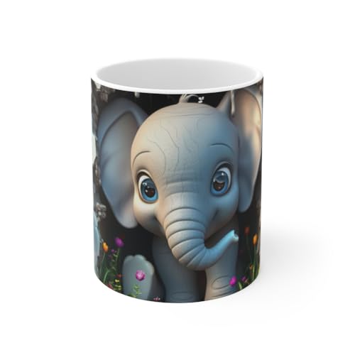 Teecustom Tasse Mug Éléphant Bébé Mignon – Illustration Éléphant Cartoon Curieux avec Fleurs Tropicales et Mur Vintage