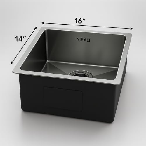 Image of NIRALI Kitchen Sink 16 inch x 14 inch Square 304 Stainless Steel | Single bowl Sink Round Coupling | Rust & Stain Resistant | Matt Finish | Minimizes Sound Molly Square Sink (SS-304)(16 inch x 14 inch x 8 inch)